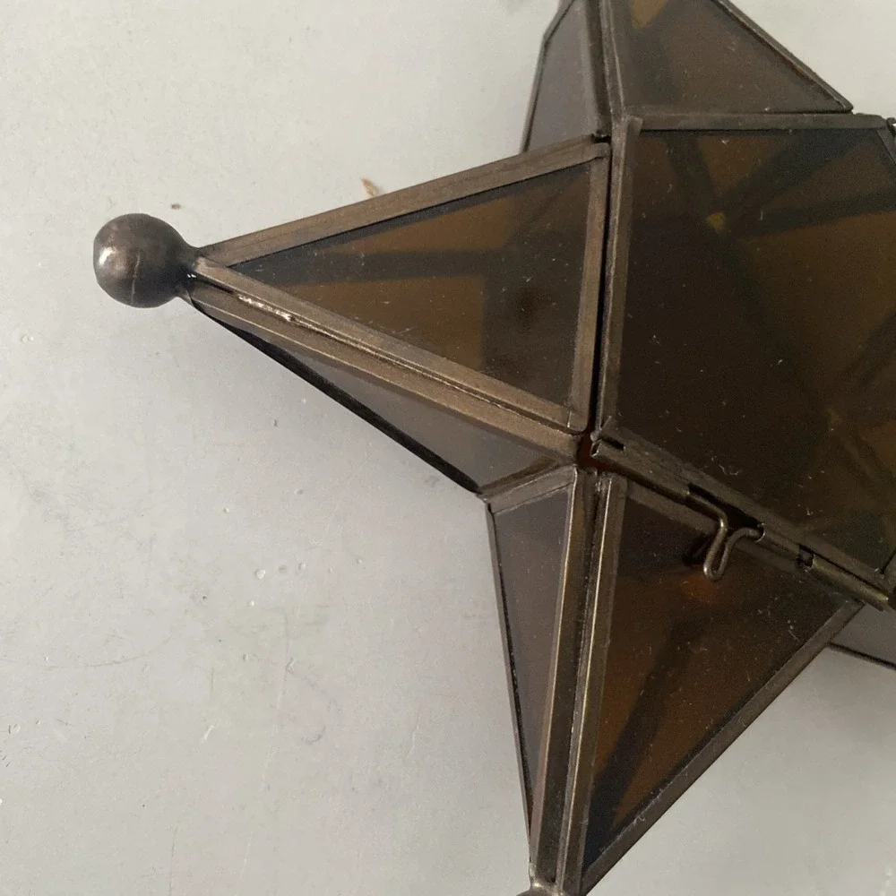 Pier 1 Amber Moroccan Star Lantern Candle Holder Leaded Glass 8
